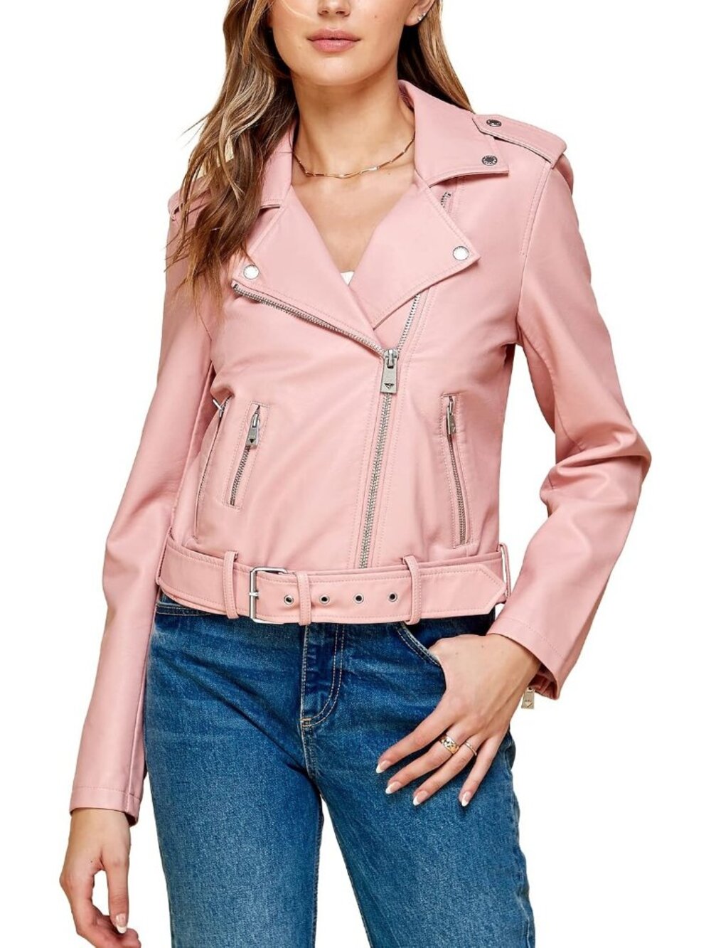 Women's Wjc1849_pink Faux Leather Zip Up Moto Biker Jacket With Stitching Detail